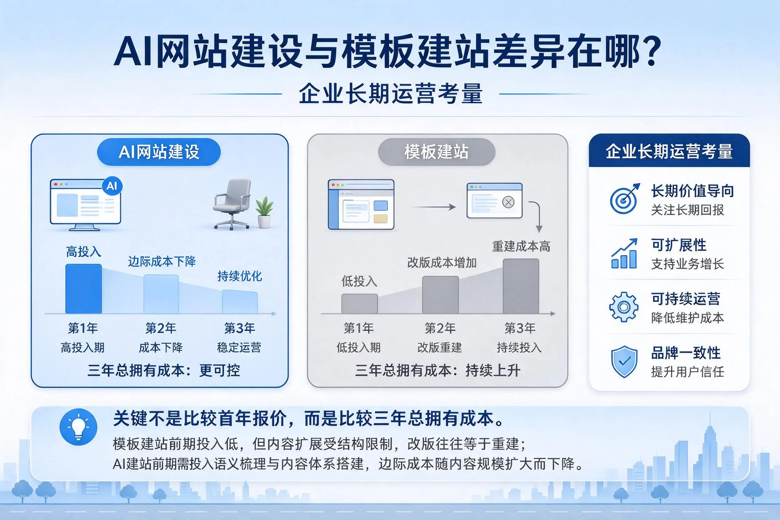 AI网站建设与模板建站差异在哪?柳州企业长期运营考量